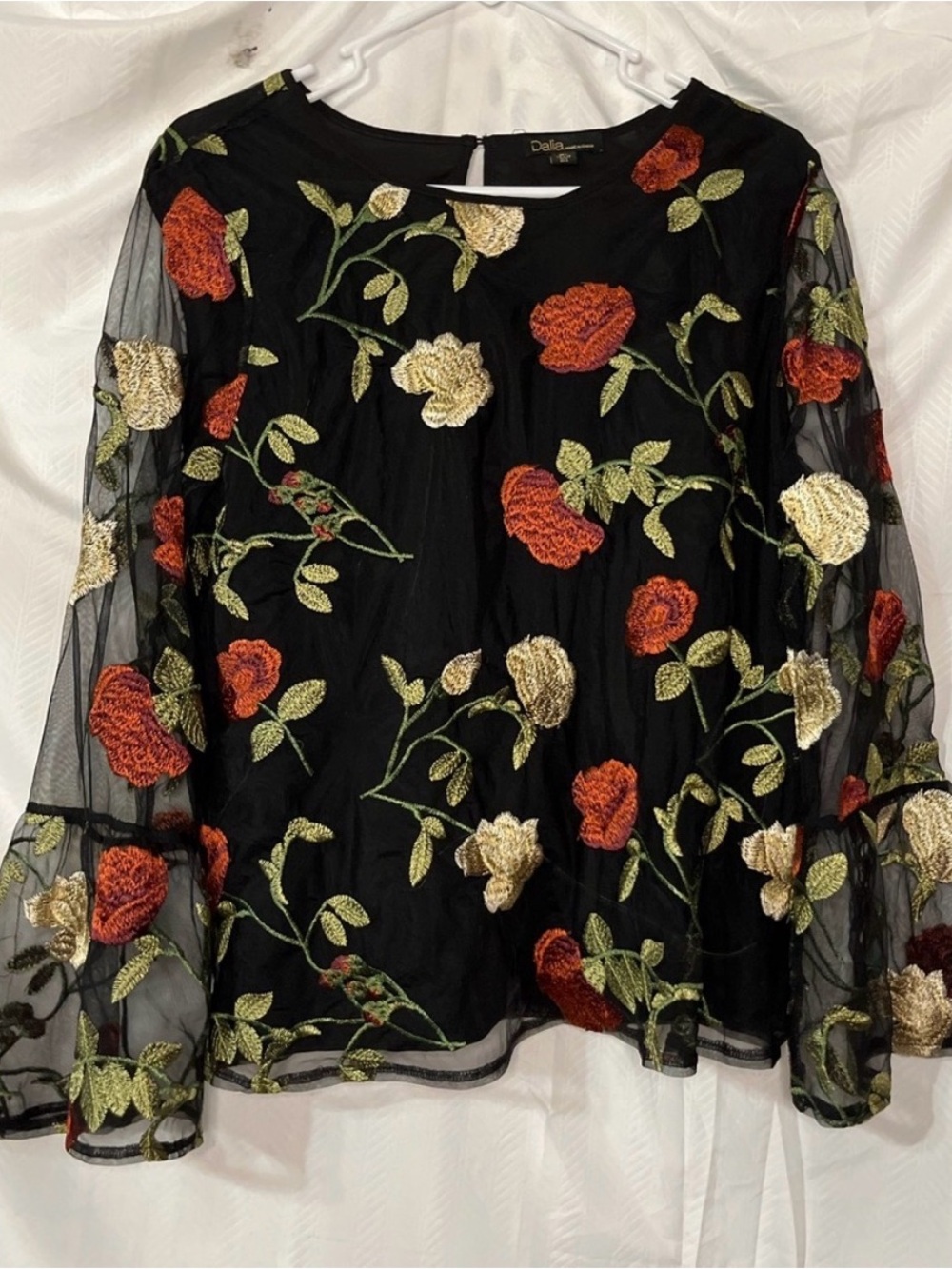 Dalia Embroidered Floral Sheer Black Blouse Black lining L - run  like M